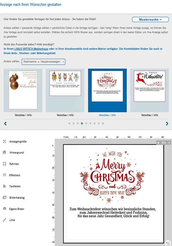 Weihnachts- und Neujahrsanzeige onloine schalten